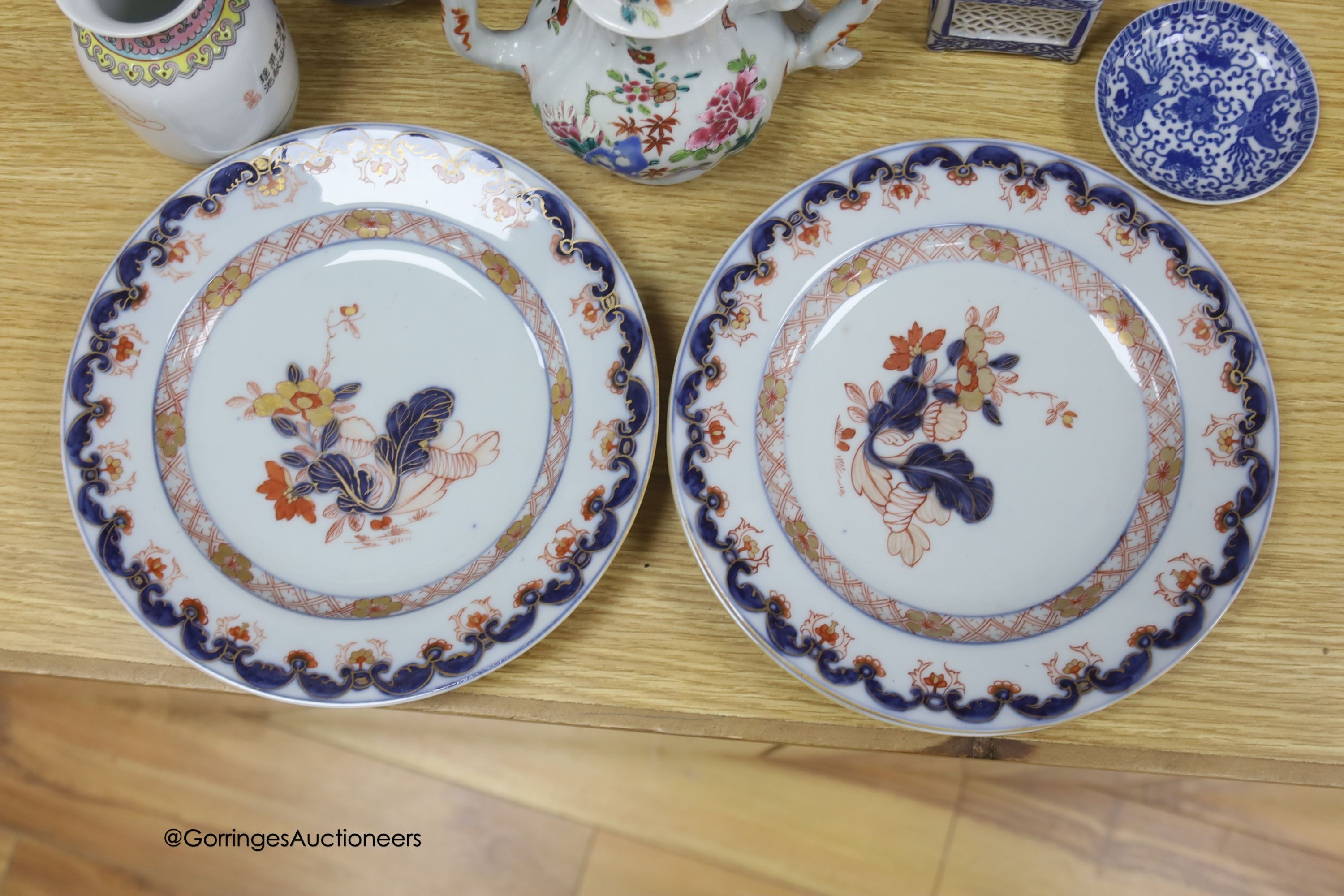 A group of mixed Chinese ceramics including a and 18th century famille rose teapot and four Samson Imari dishes, diameter 23cm